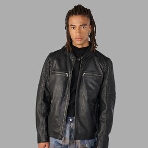 Lance Collarless Leather Moto Jacket